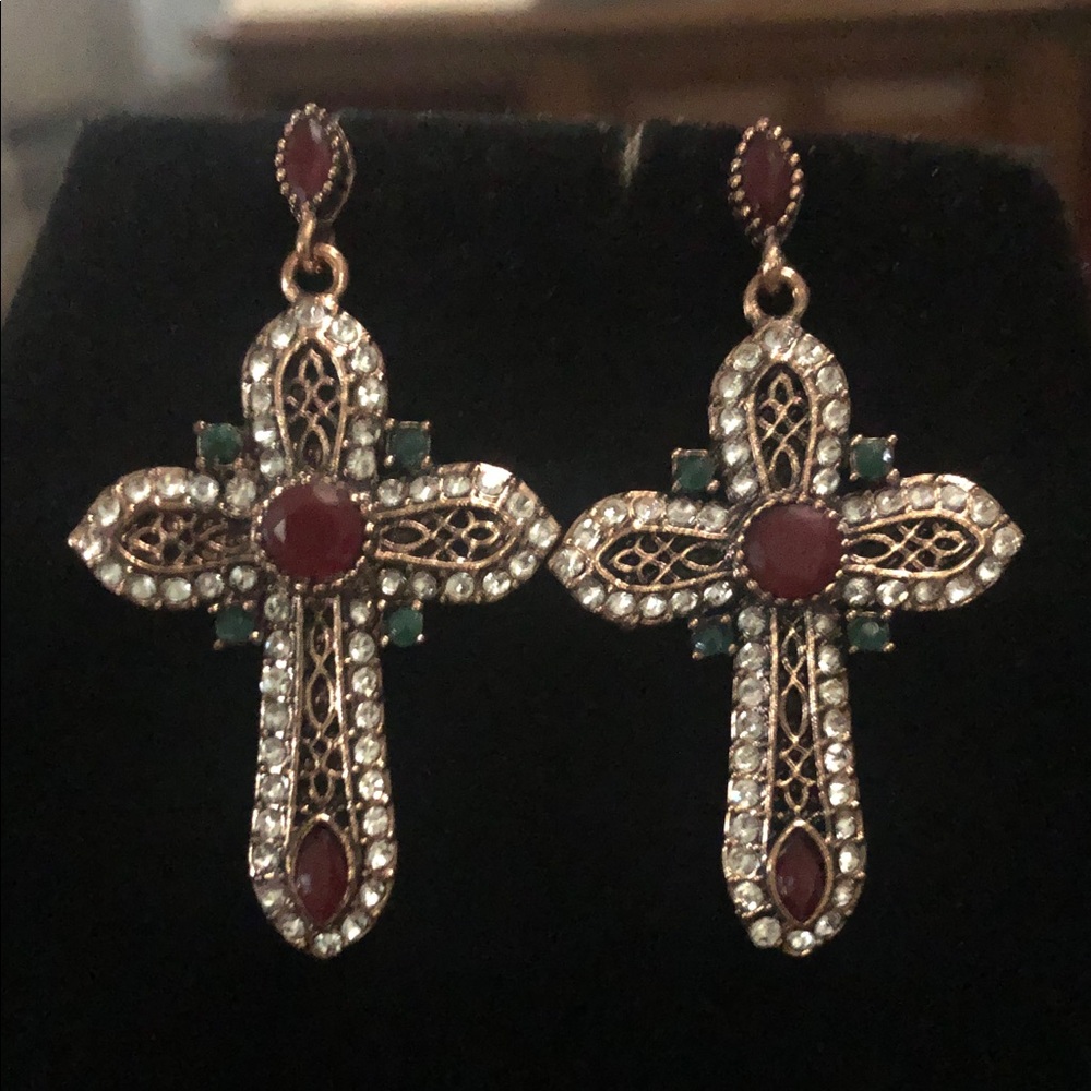 Ornate Rhinestone Cross Drop Earrings | Vintage-Inspired Statement